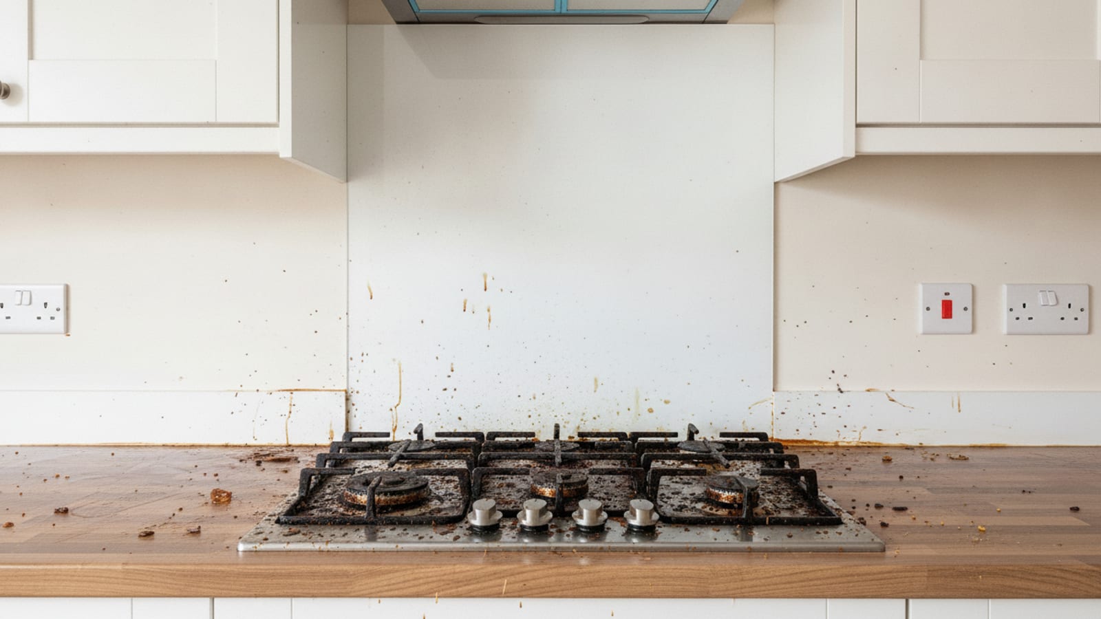A kitchen worktop and hob covered in grease and burnt-on residue